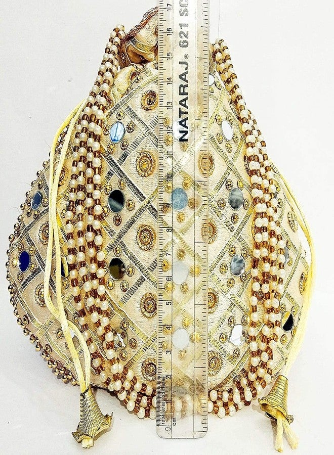 ATHZ Potli Bag Golden work wedding potli for ladies Gift for women handbags traditional Indian Wristlet with Drawstring Ethnic Embroidery Women Fashion Potli (Golden) - Image 3
